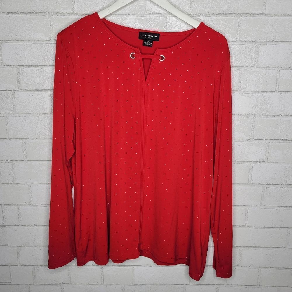 Liz Claiborne Career Red Silver Long Sleeve V Neck Blouse